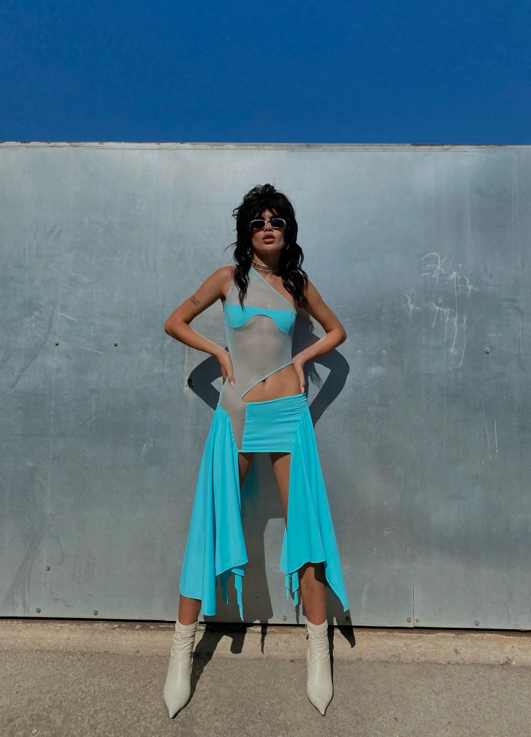 Cyan Tricot/ Mesh Cut Out Dress - Image 2