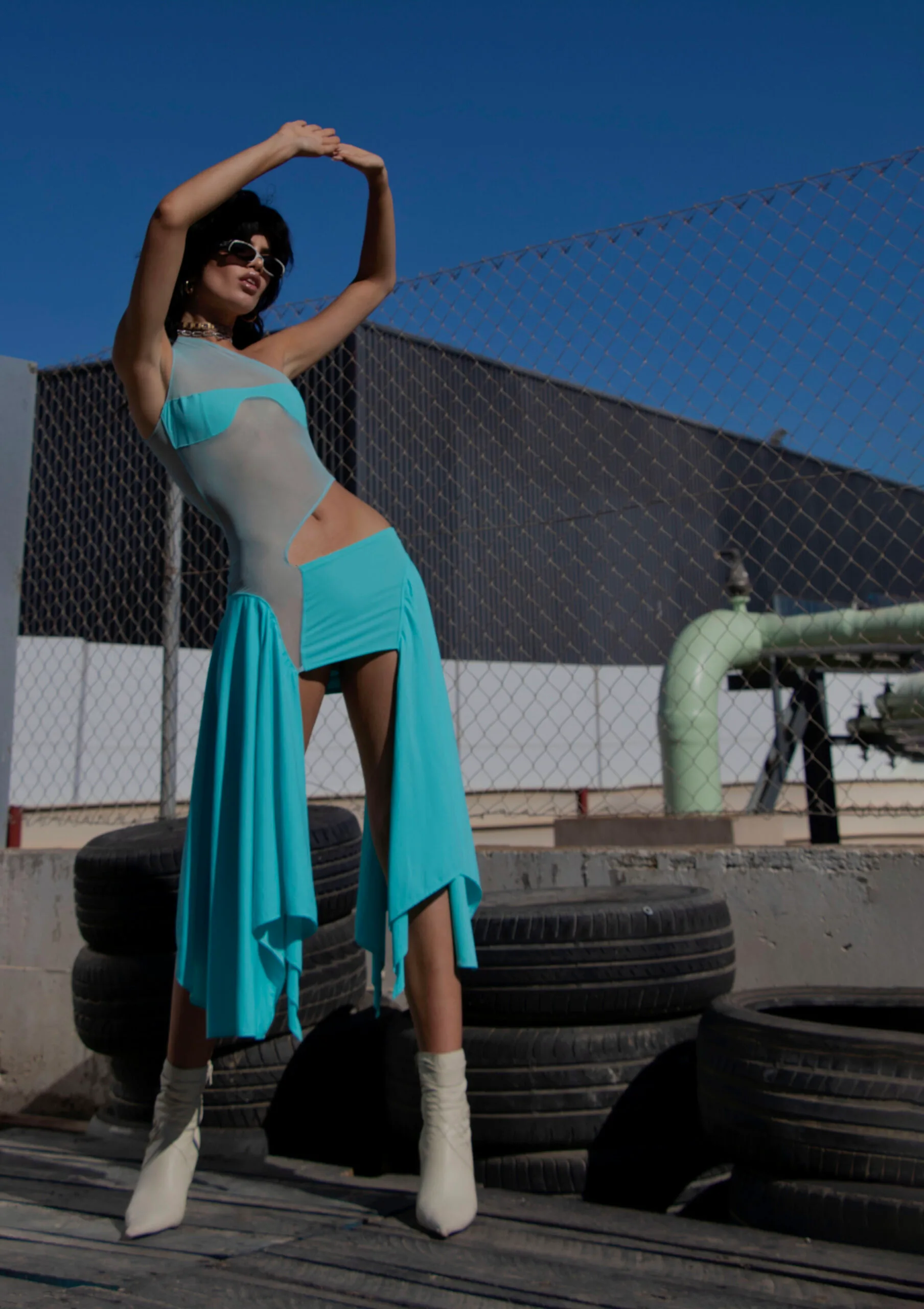 Cyan Tricot/ Mesh Cut Out Dress - Image 4