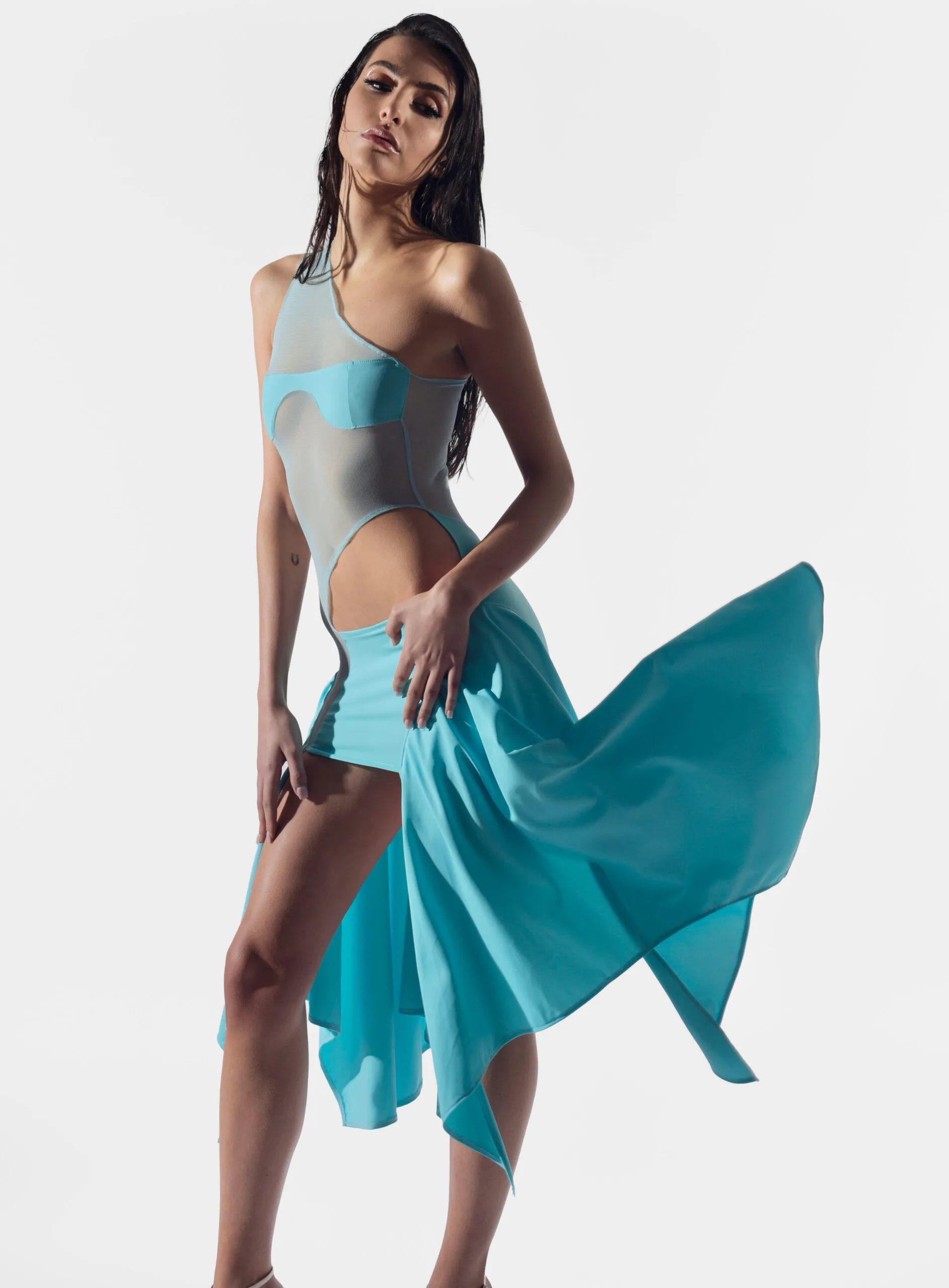 Cyan Tricot/ Mesh Cut Out Dress - Image 6