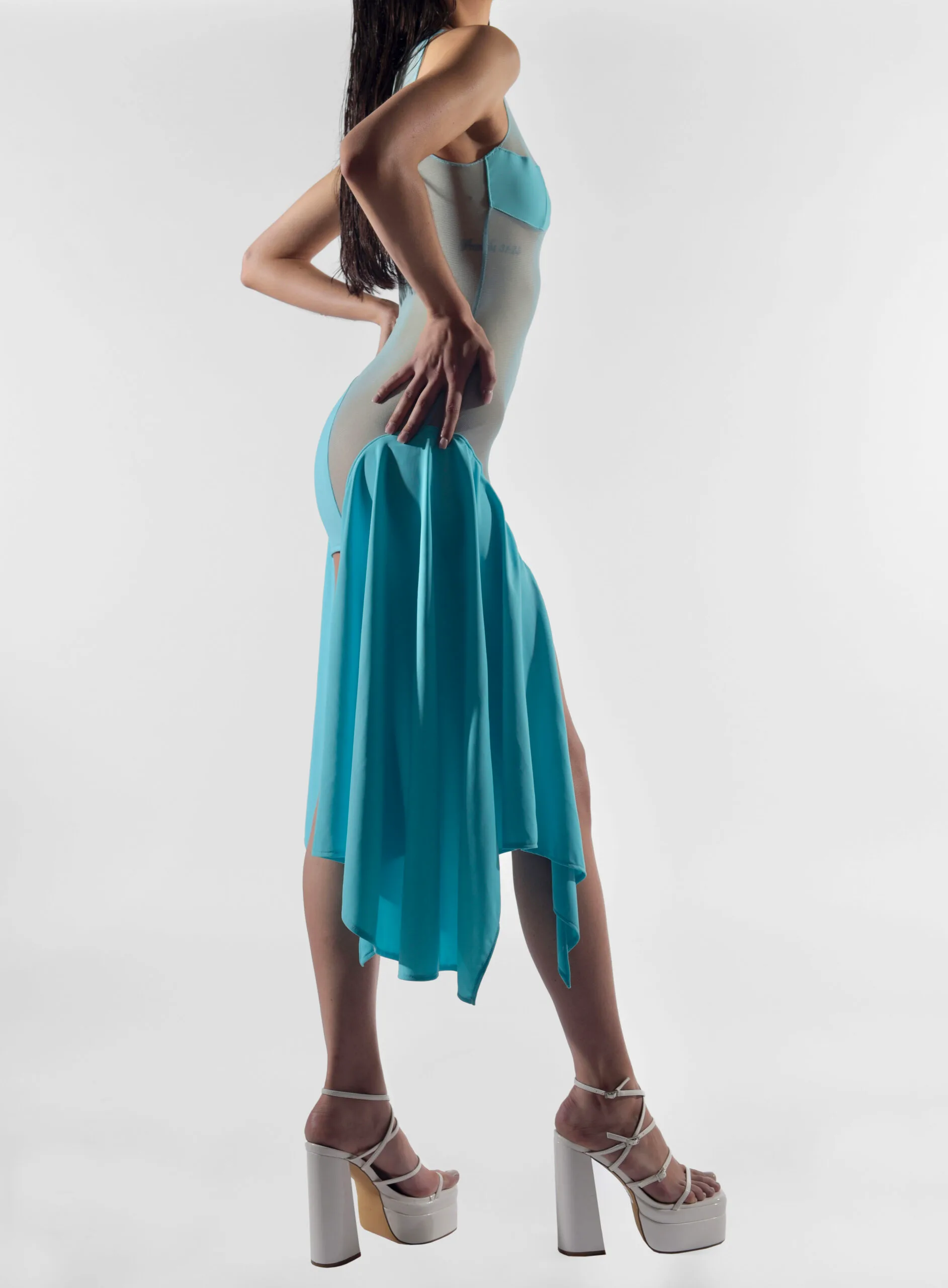 Cyan Tricot/ Mesh Cut Out Dress - Image 9