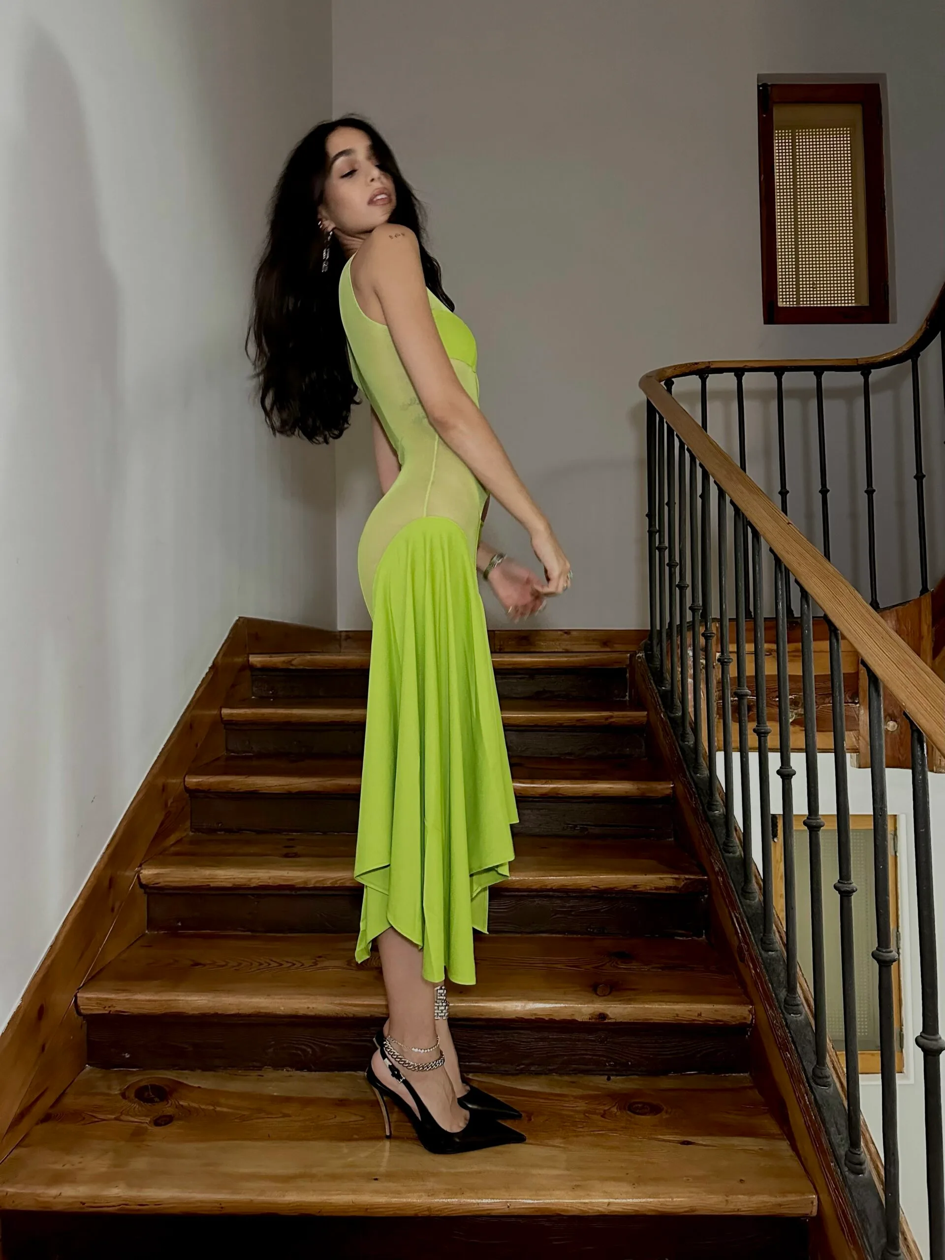 Green Tricot/ Mesh Cut Out Dress - Image 3