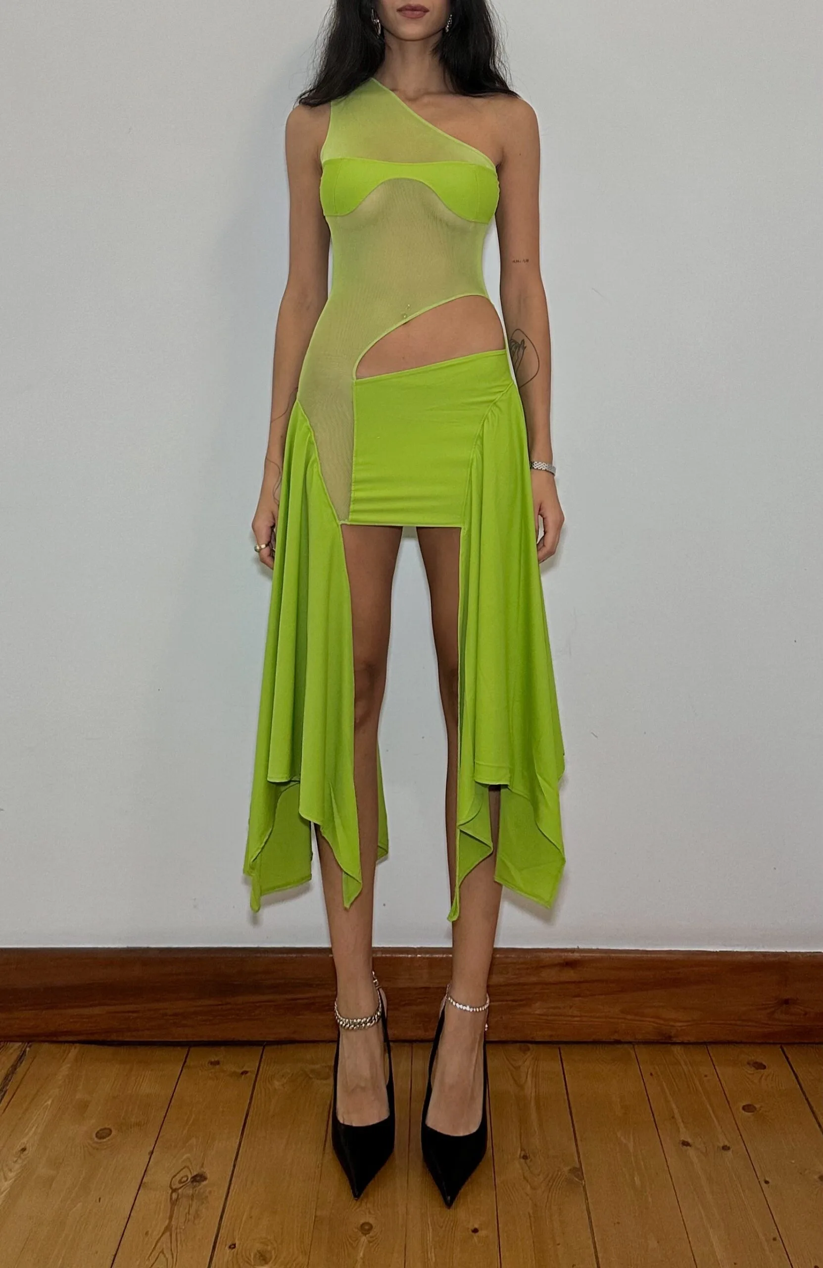Green Tricot/ Mesh Cut Out Dress - Image 4