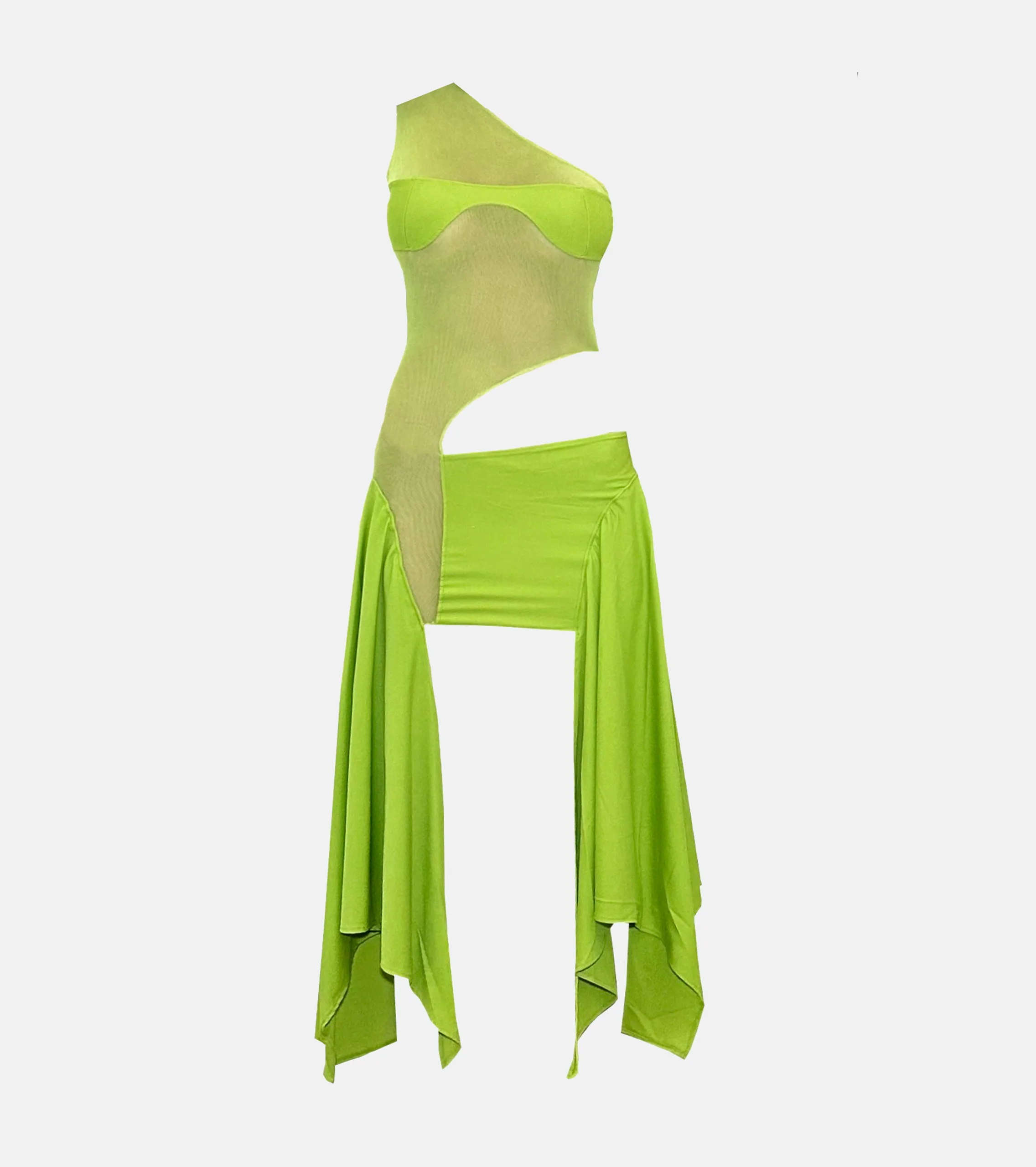 Green Tricot/ Mesh Cut Out Dress