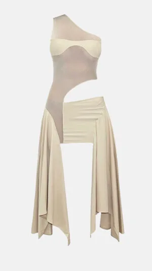 Beige Tricot/ Mesh Cut Out Dress